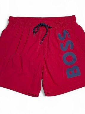 NWOT! Hugo BOSS Octopus Red w/Navy Spellout Swim Trunk Size Medium Beach Summer